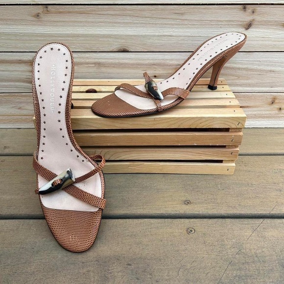 Y2K Brown/Tan Hollywould Leather Heels Open Toe Sandals w/ Snake-Esk Print - Picture 1 of 8